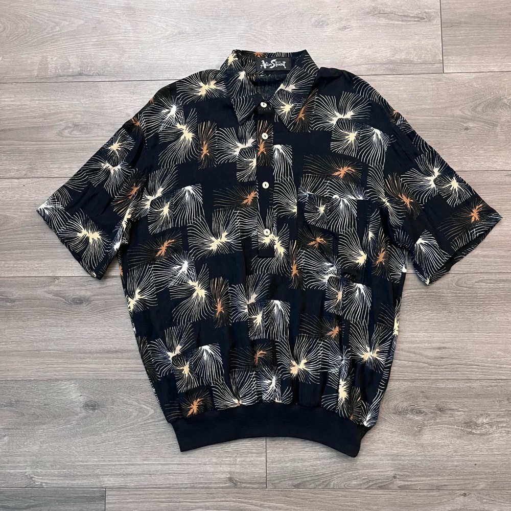 Alan Stuart Mens Black Abstract Burst Polo Shirt Short Sleeve Banded Hem Size M